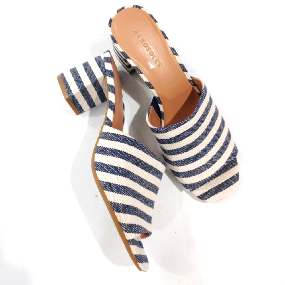 AEROSOLES Navy and White Striped Block Heel Slide Sandals